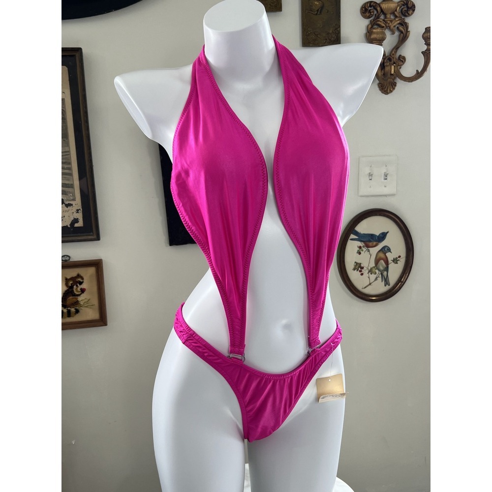 Vintage Neon Pink Thong Slingshot Swimsuit Monokini Plus Size 3X Made in USA